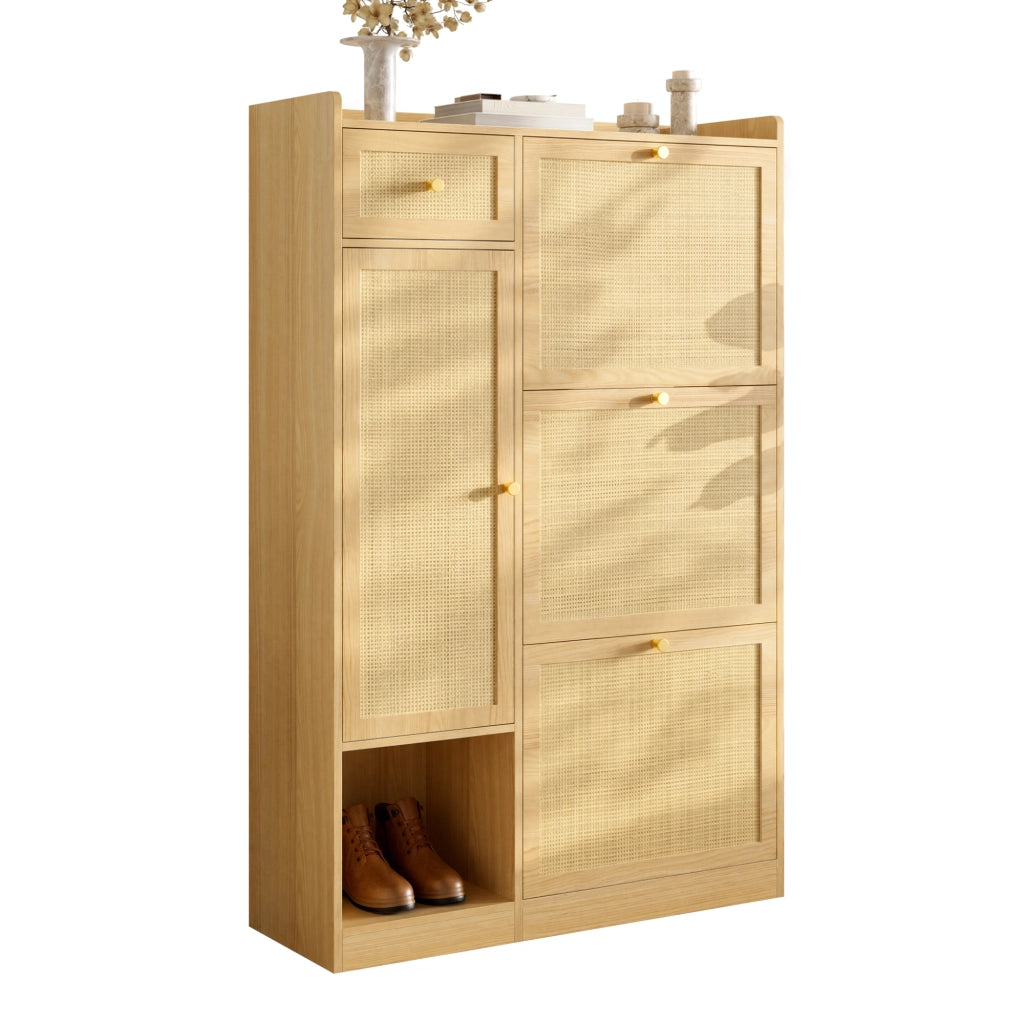 Scarpiera slim in stile rattan con 3 ante ribaltabili, cassetto e vano laterale, 80,5 ¡Á 25 ¡Á 125 cm, colore naturale
