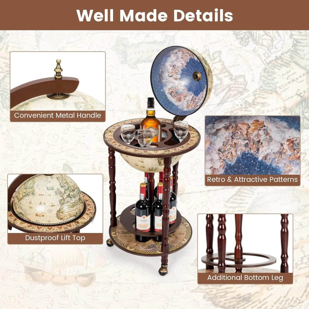 Portavino a Mappamondo, Portabottiglie a Forma di Mappamondo, Scaffale per Vino con Ruote,Porta Liquori Stile Retrò, Supporto per Bottiglia in Legno, 88 x 45 x 45cm