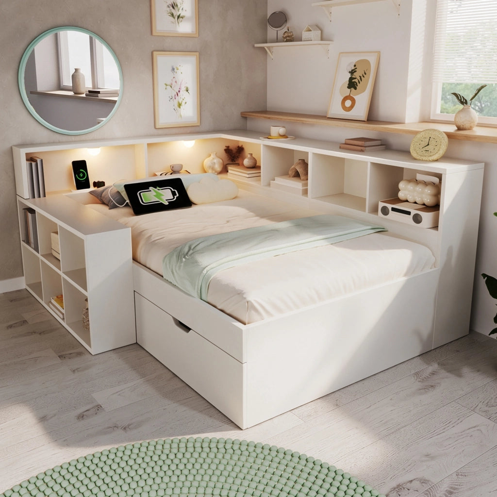 Letto singolo 90x200 cm con cassetti; ripiani; luci e porte USB Type-C; bianco