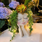 Vaso di fiori con viso solare alimentato da energia solare con filo di LED - materiale plastico impermeabile con occhi chiusi per viso femminile - decorazione per giardino. Vaso di fiori