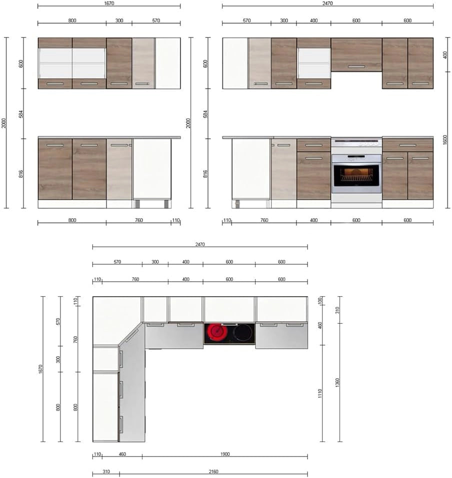 Cucina ad angolo Rick, Bianco/Sonoma, 250 x 60 cm, PL Marmo, espandibile e combinabile in modo flessibile con elementi modulari
