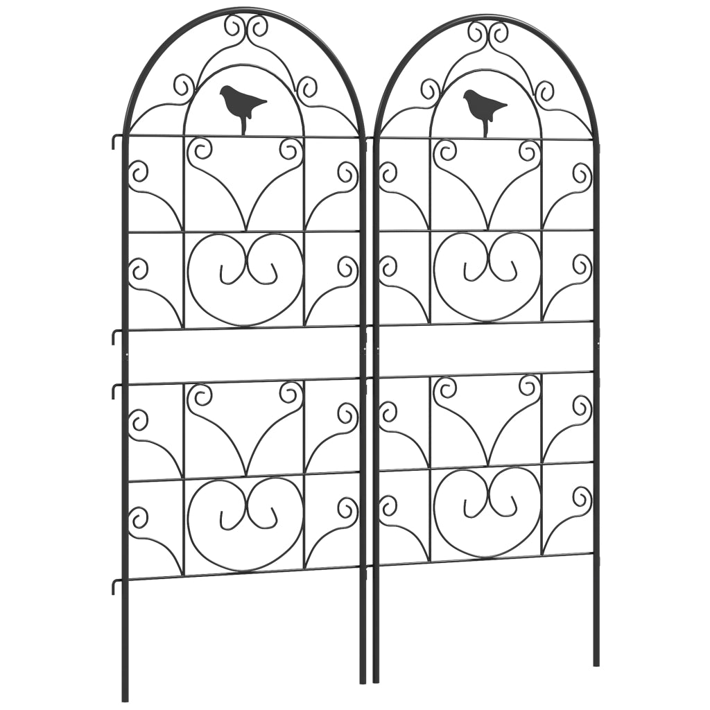 Set 2 grigliati rampicanti in metallo nero 50x120 cm con motivo uccelli, da terra o a parete