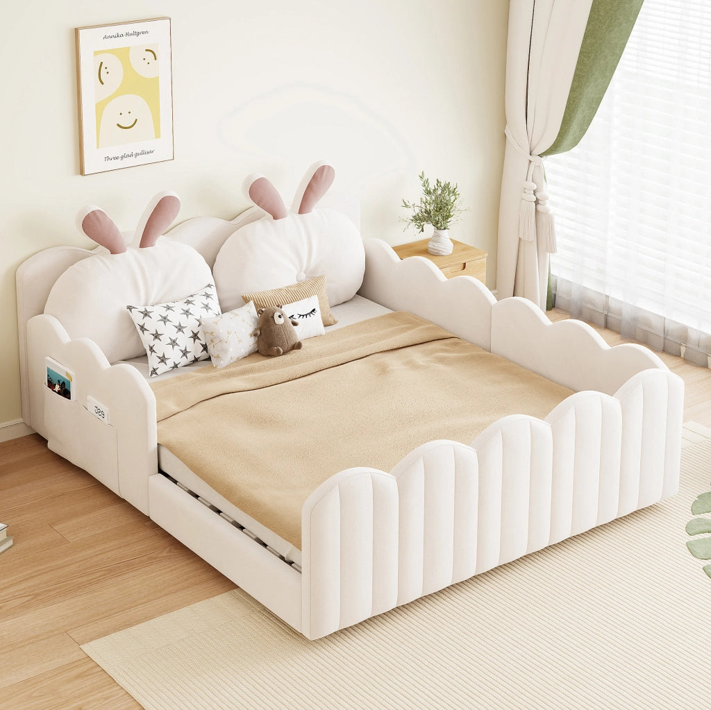 Letto Piattaforma Imbottito 140x200 cm con Cuscino a Forma di Coniglio, Beige