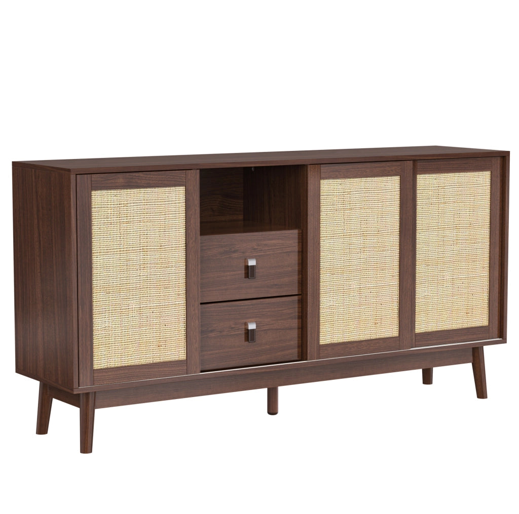 Credenza 155x38x80 cm con 3 ante scorrevoli in rattan e 2 cassetti; MDF e pannello truciolare