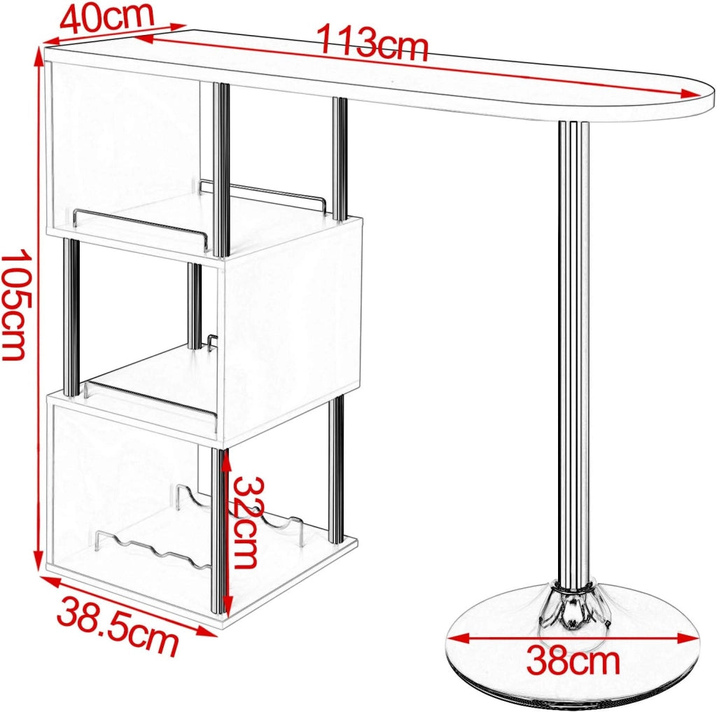 Tavolo da Bar con 3 Ripiani con Portabottiglie Vino, Bancone per Cucina in Metallo & MDF, Tavolo Alto per Home Bar, Cucina, 113 x 40 x 105 cm, Bianco
