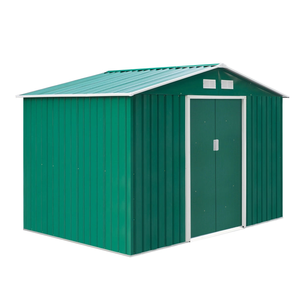 Easycomfort Casetta da Giardino 4.9 m² con Fondazione, 4 Prese d'Aria e 2 Porte Scorrevoli, Capanno Porta Attrezzi in Lamiera d'Acciaio, 277x195x192 cm, Verde Scuro