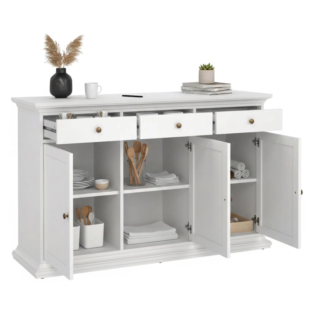 Credenza Asola, Buffet da soggiorno, Madia da salotto, Dispensa da cucina, 144x46 h92 cm, Bianco