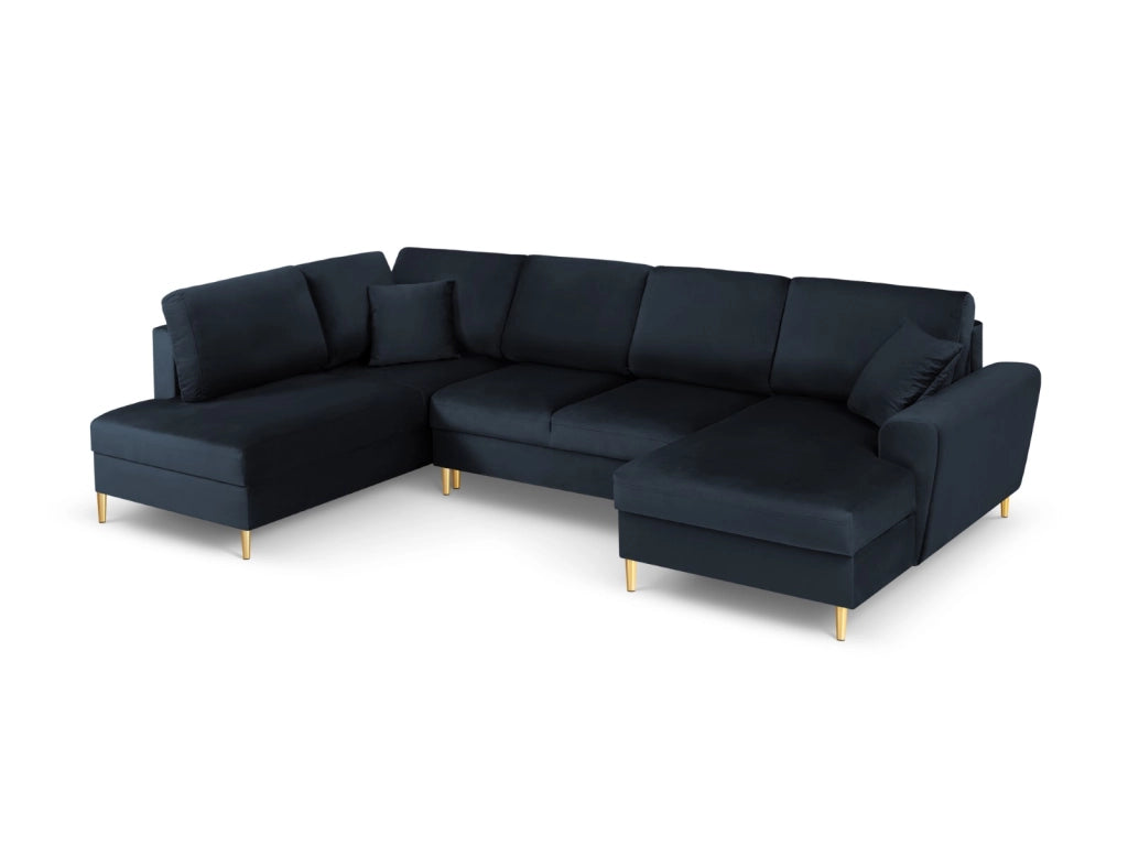 Cosmopolitan Design - Divano panoramico convertibile sinistro con contenitore "Kyoto" 7 posti in velluto blu scuro 