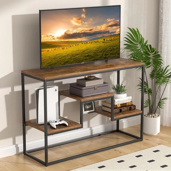 TV-meubel a 3 livelli, alto 80 cm, largo 120 cm, profondo 40 cm, in legno con pannelli per schermi da 50 pollici