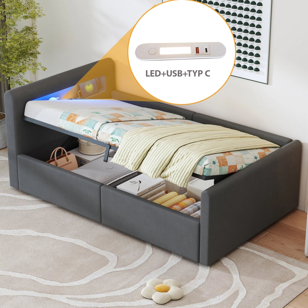 Letto 90x200 cm - Letto imbottito,Con luce notturna,Porta di ricarica USB,Con vani portaoggetti,Velluto,Funzione di accumulo idraulico,Grigio scuro