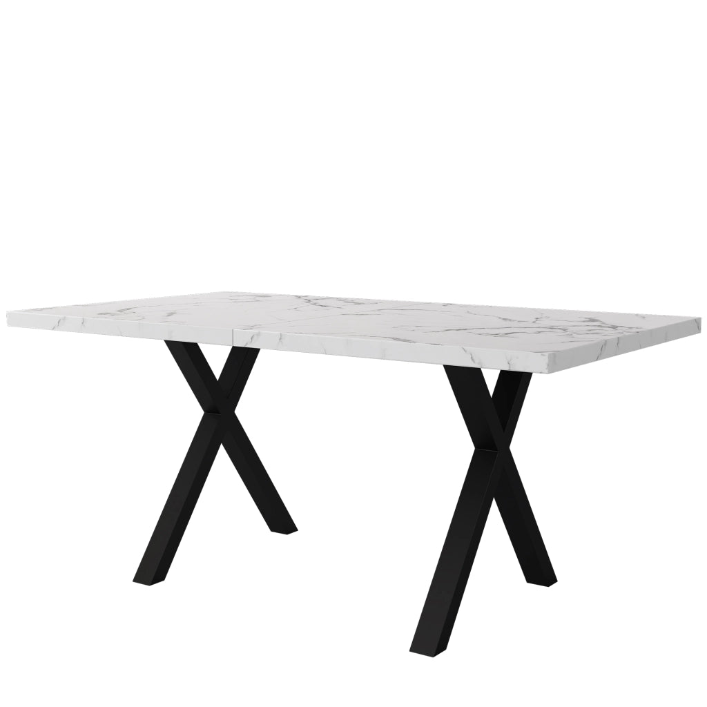 Tavolo da Pranzo con Gambe Incrociate; Stile Minimalista Moderno; in MDF e Metallo; Effetto Marmo Bianco