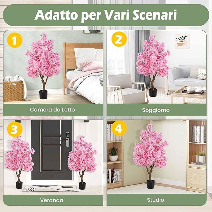 Albero di Ciliegio Artificiale da 118 cm con Fiori Rosa, Tronco PE Multiramo e Base Riempita di Cemento, Pianta Finta da Interno ed Esterno in Vaso per Ufficio, Casa, Matrimonio