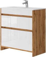 Mobiletto per lavabo Detmold, Quercia dorata, 2 parti, mobile base 80 cm, composto da mobile sottolavabo e lavabo