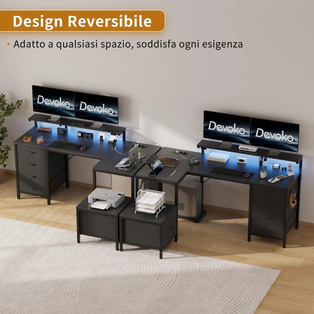 Scrivania Gaming Angolare Con Led E Prese,160 x 120 cm Tavolo Gaming Con 3 Cassetti In Tessuto, Scrivania Angolare Con Supporto Per Monitor Per Casa Ufficio, Nero