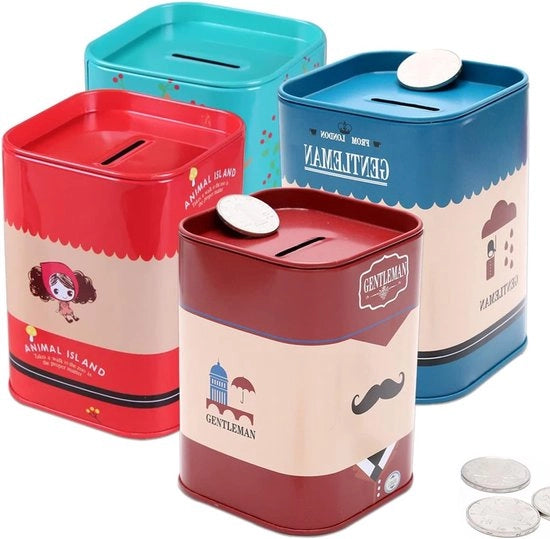 Cassa per la Riscossione - 4pz Cassa per la Moneta in Metallo - Scatola Quadrata per Bambini e Adulti - Per Monete e Biglietti Regalo per Feste di Compleanno