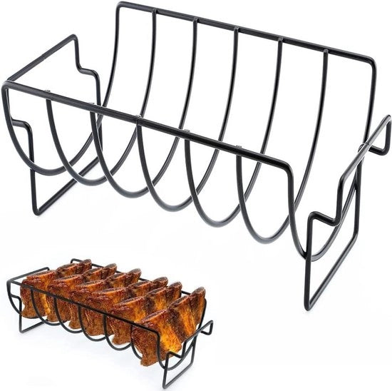 Supporto per costine in acciaio inossidabile per 6 costine barbecue a gas con carbonella - resistente a lavastoviglie 35 x 20 x 115