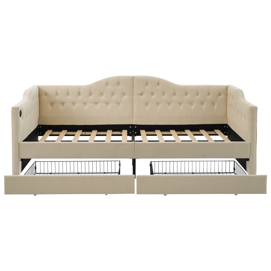 Letto daybed imbottito con USB e Type C; 2 cassetti; 90x200 cm; velluto beige