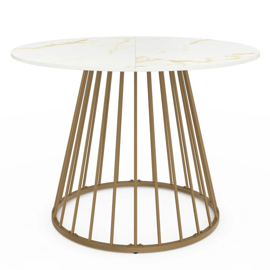 IDMarket - Tavolo da pranzo rotondo YUNA per 6 persone con base in filo d'ottone e piano ALASKA 110 cm effetto marmo bianco