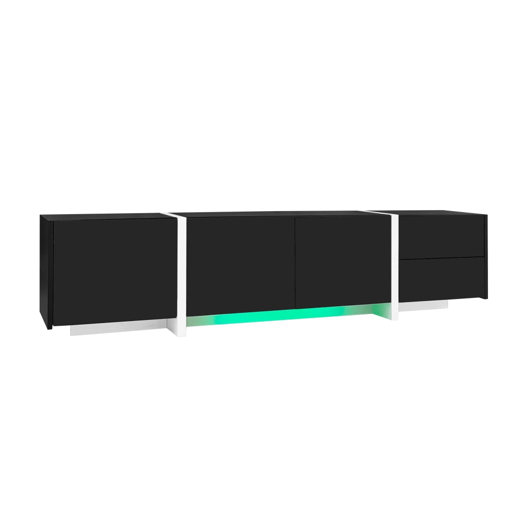 Mobile TV lussuoso - Zephmum - Nero lucido, gambe bianche, ante e cassetti eleganti, luce LED