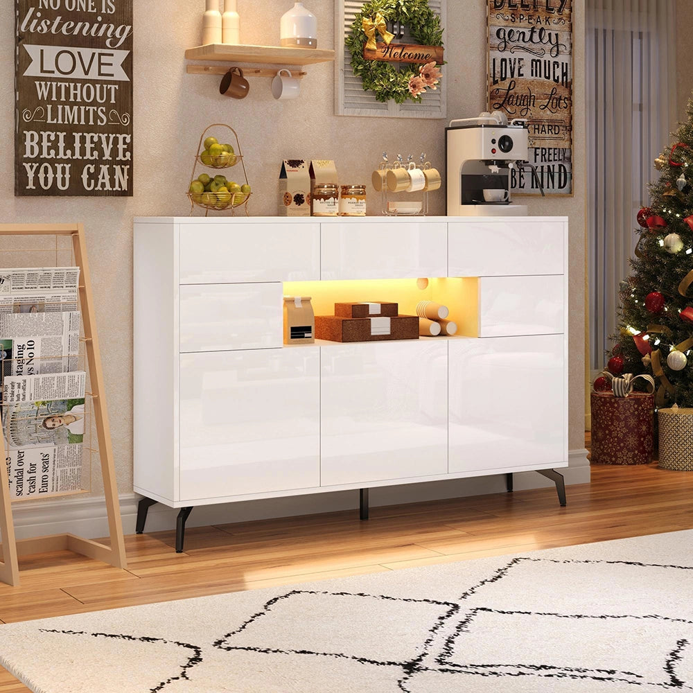 Credenza Soggiorno 140x30x94cm - Xylo - Lucida con 3 Cassetti e Luci LED, Colore Bianco