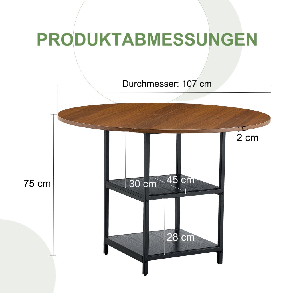 Tavolo da pranzo rotondo 107 cm nero e noce con doppio ripiano