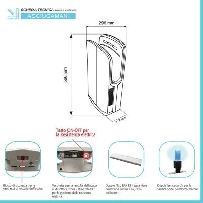 Asciugamani elettrico 1450W automatico salvaspazio grigio