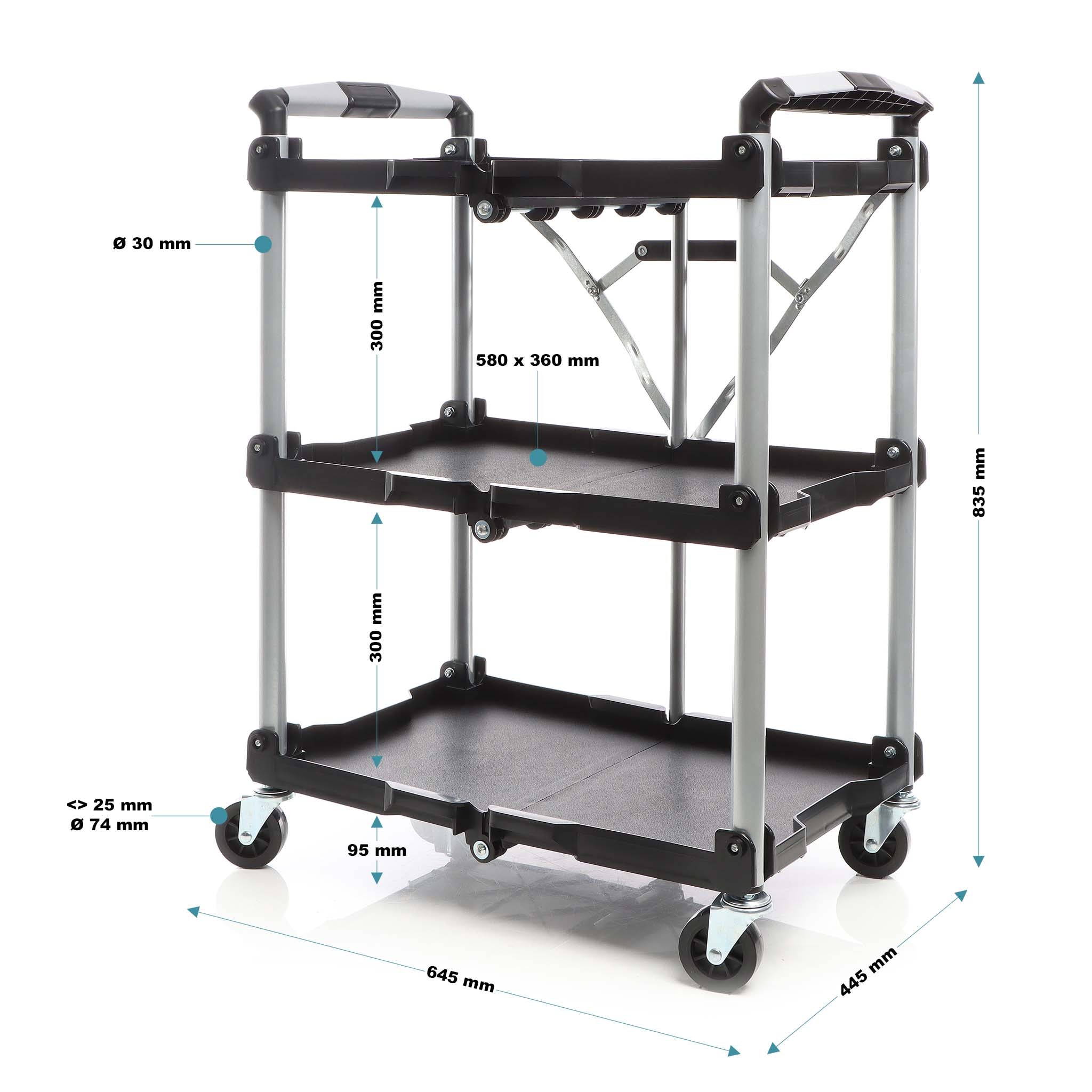 Carrello pieghevole multiuso con 3 piani Fino a 120 kg Per officina, ufficio, gastronomia
