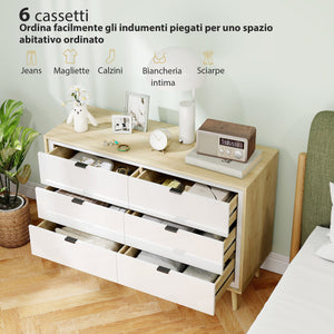 Cassettiera con 6 Cassetti 110x40x75 cm in Legno Bianco Lucido e Rovere