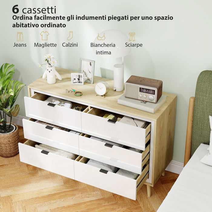 Cassettiera con 6 Cassetti 110x40x75 cm in Legno Bianco Lucido e Rovere
