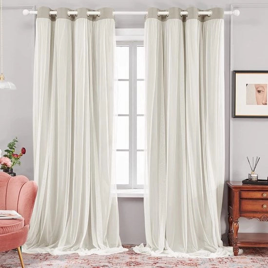 Gordini a doppia superficie per la riduzione della luce con anelli, tende di voile bianco per bambine, camera da letto e soggiorno, 140 x 260 cm (larghezza x altezza), beige scuro, 2 pezzi
