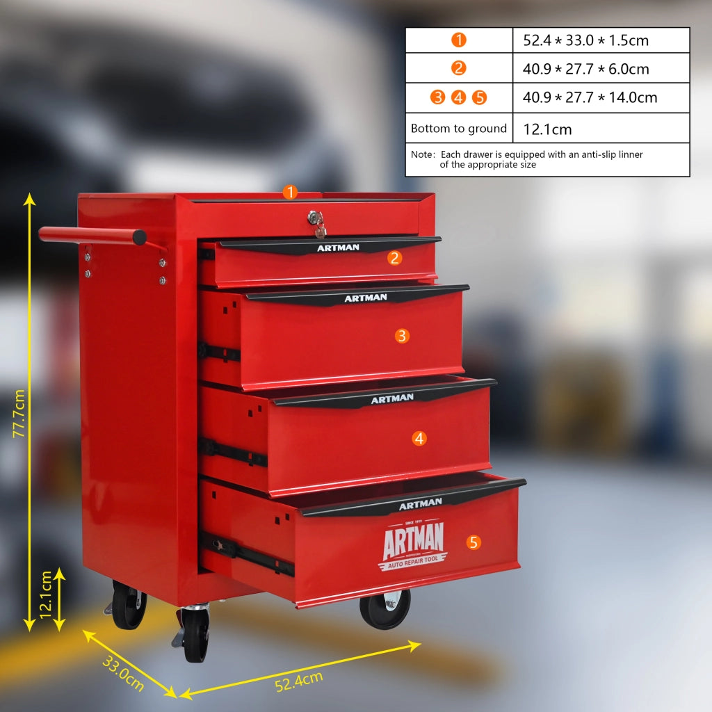 Carrello portautensili con 4 cassetti, 4 ruote e serratura, in acciaio, per garage e officina, rosso nero, 60 × 33 × 77.5 cm
