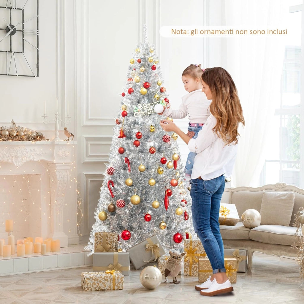 Albero di Natale 180 cm, Albero di Natale Artificiale Argento con 790 Rametti, 300 Luci a LED Bianco Caldo, Supporto Pieghevole in Metallo, Decorazione Natalizia per Ufficio e Casa