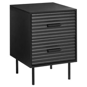 Comodino a 2 cassetti in truciolato nero con gambe in metallo mobile contenitore moderno design scanalato camera da letto