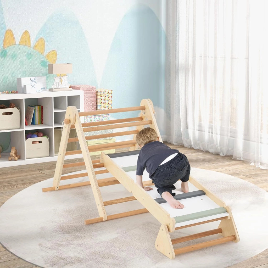 Set di Arrampicata per Bambini 3 in 1, Arrampicata in Legno Pieghevole con Rampetta a Doppia Faccia e Triangolo di Arrampicata Regolabile, Triangolo Montessoriana per Bambini 3+ Anni
