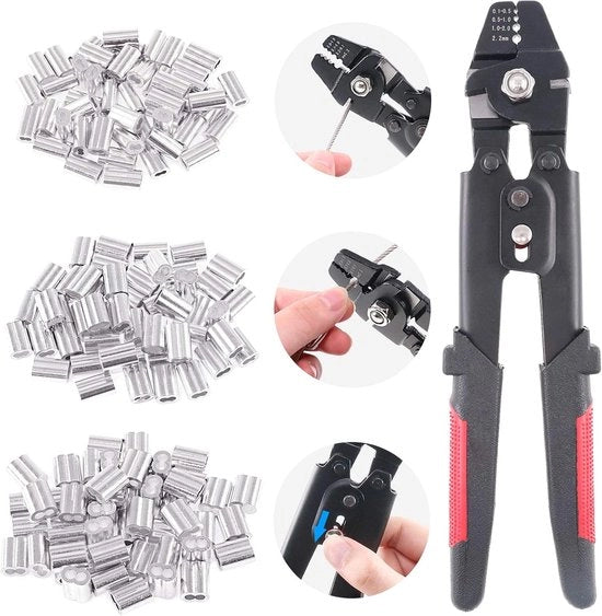 Strumento per Crimpatura di Cavo a Filo in Acciaio con Diametro fino a 2,2mm - Crimpatore di Cavo a Filo con Doppio Barile in Alluminio - Kit di 180 pezzi di Crimpatura di Cavo a Filo con Diametro 1,2/1,5/2mm