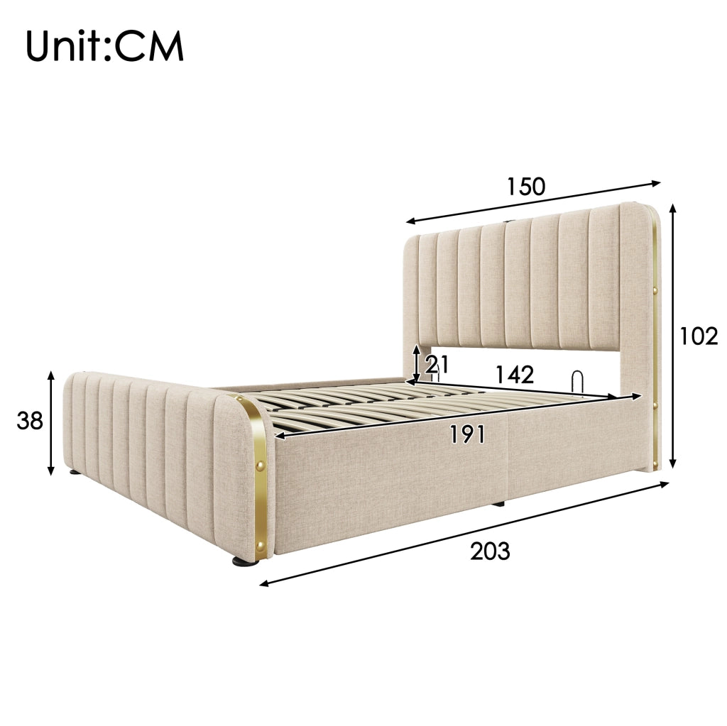 Letto contenitore beige con testiera imbottita e ricarica integrata