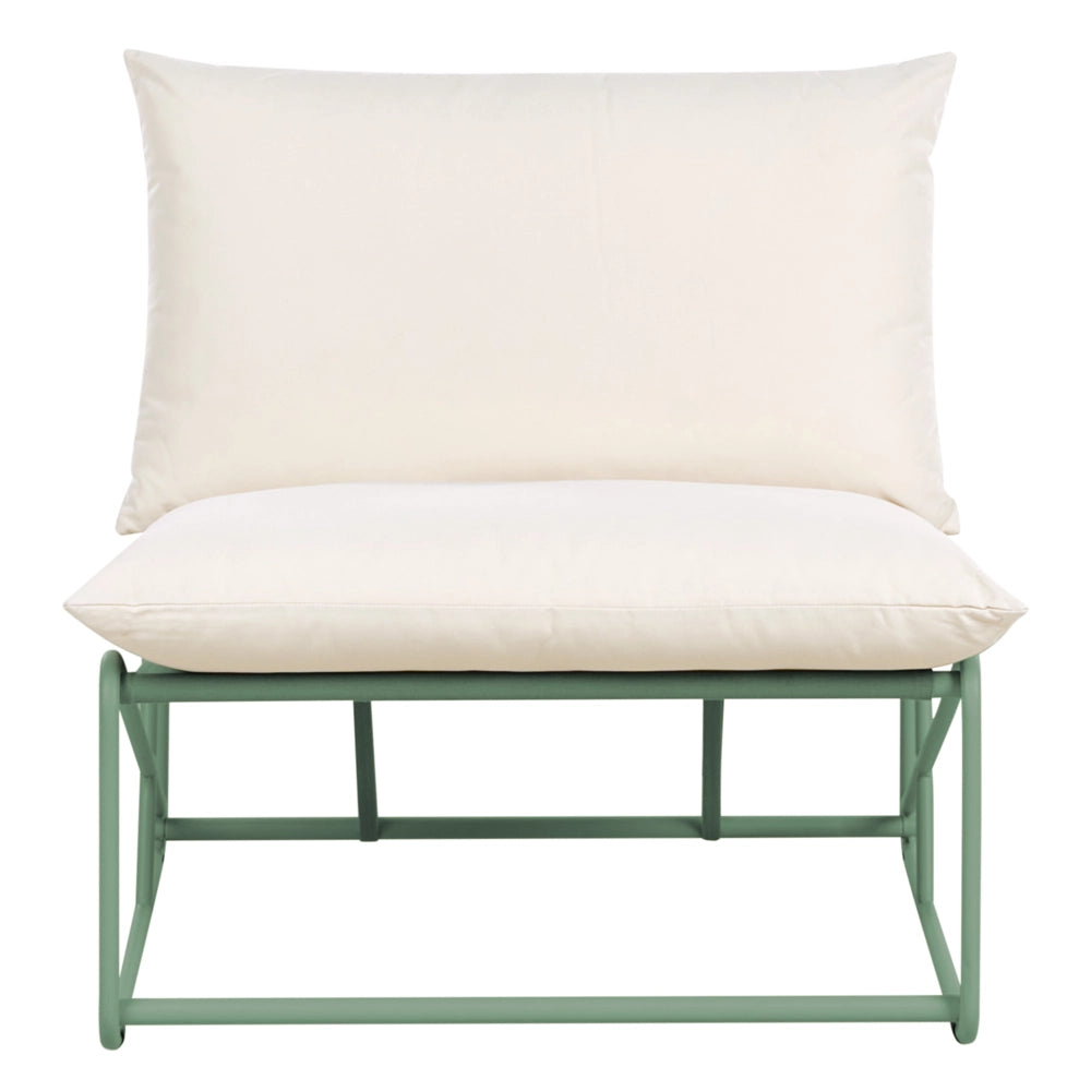 Set 4 posti composto da divano basso oversize e 2 sedie in metallo con cuscini per schienale e seduta interno ed esterno senza braccioli verde