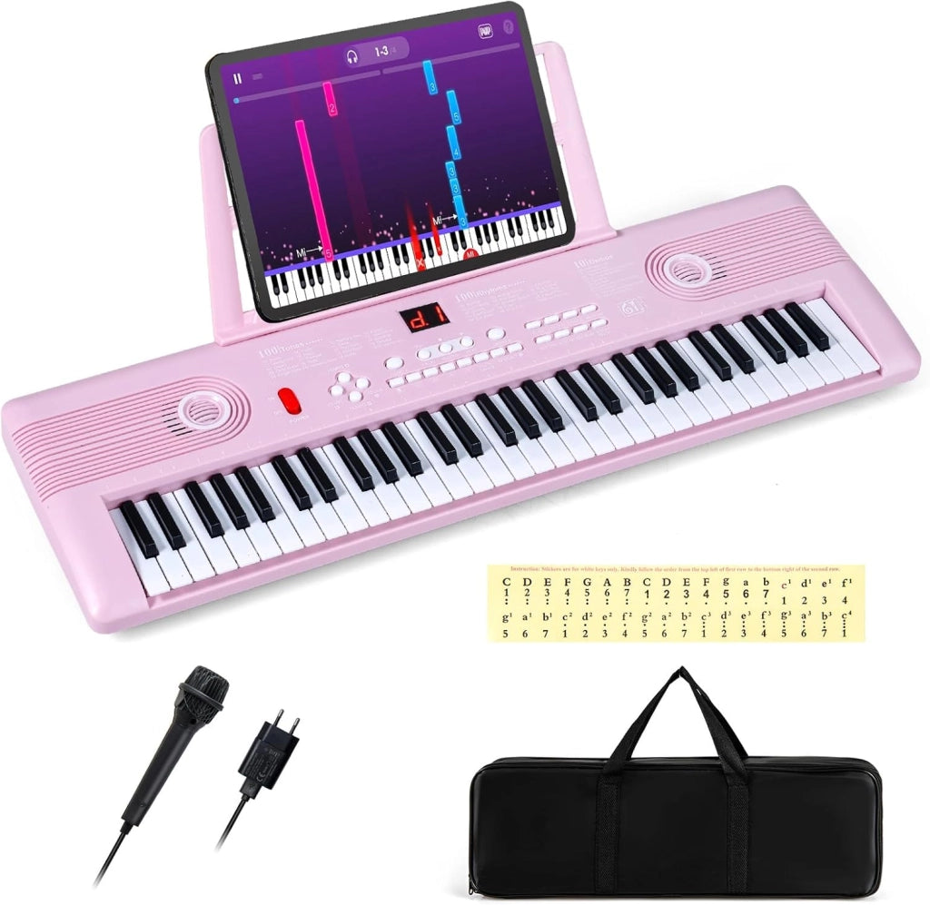 Pianoforte Digitale 61 Tasti Pieghevole, Tastiera Elettronica con Microfono e Leggio, Pianola Portatile con Borsa per il Trasporto per Principianti (Rosa)