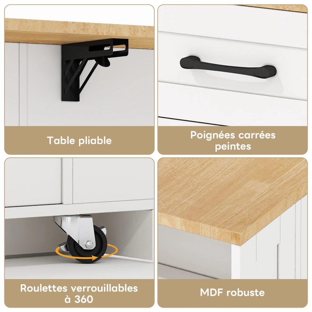 Carrello da Cucina con 2 Ante in Vetro; 1 Cassetto; 6 Ripiani Aperti; Prese e USB; Piano Pieghevole; MDF; 120 x 40 x 92 cm