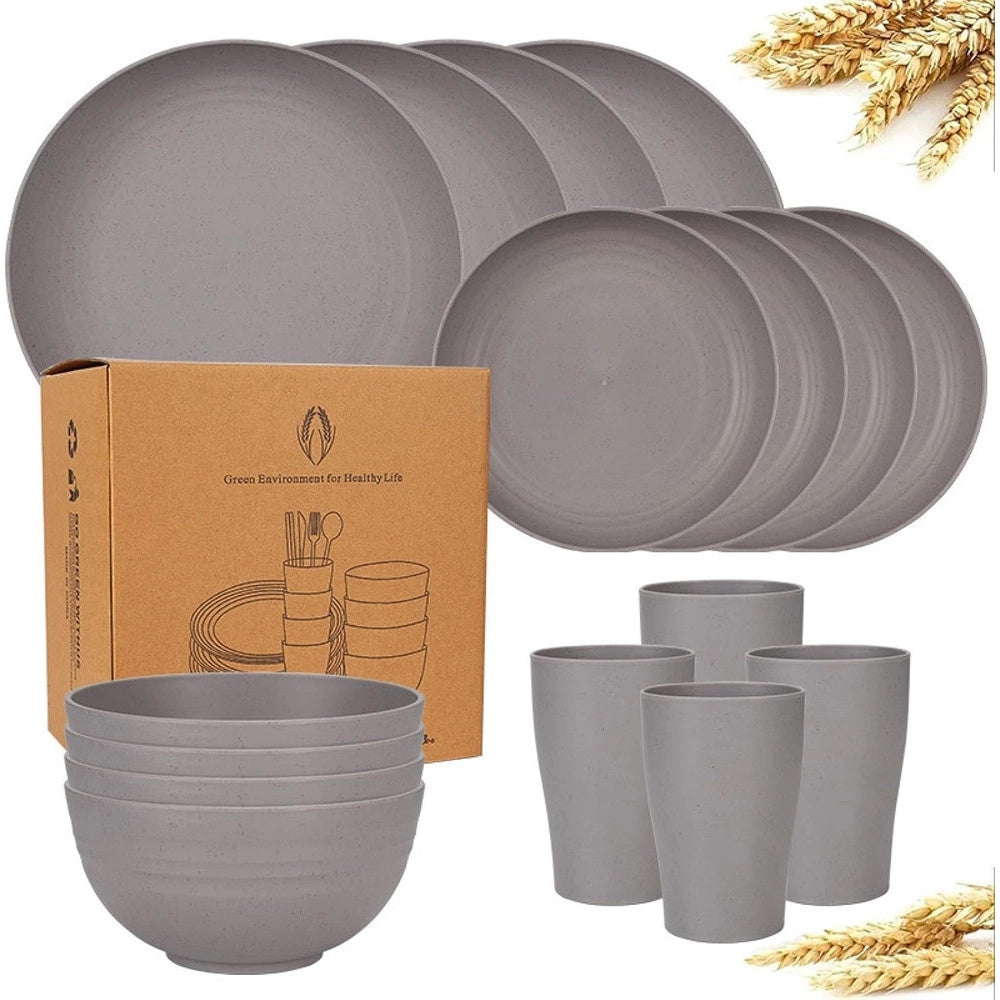 Trade Shop - Set Da 16pz Stoviglie In Paglia Di Grano Ciotole Piatti Infrangibili Posate Riutilizzabili -