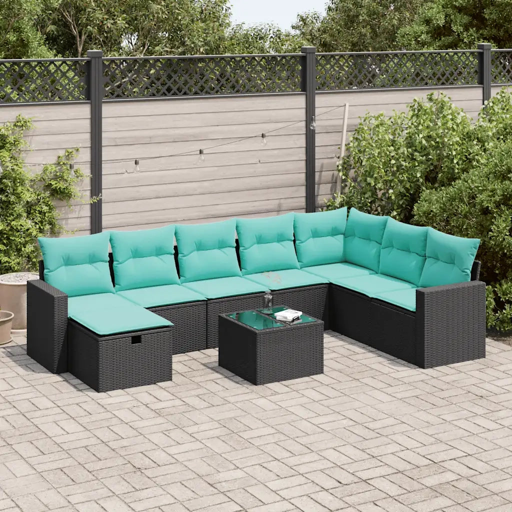 Set Divani da Giardino 9 pz con Cuscini Nero in Polyrattan