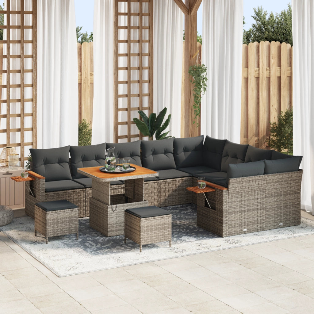Set divani giardino a 12 pezzi con cuscini Grigio Polirattan Acacia