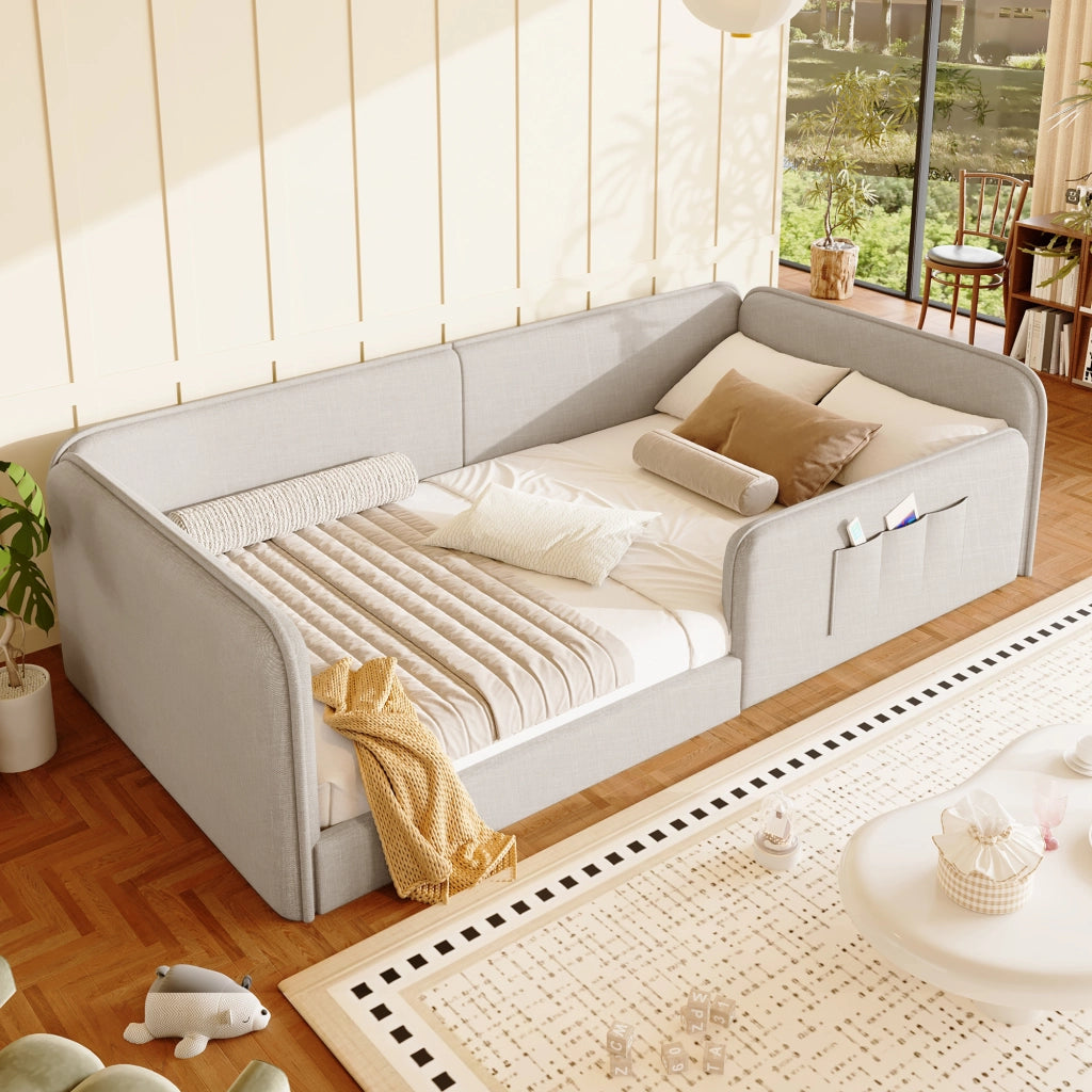 LETTO 90x200 cm in Lino Beige con tasche laterali