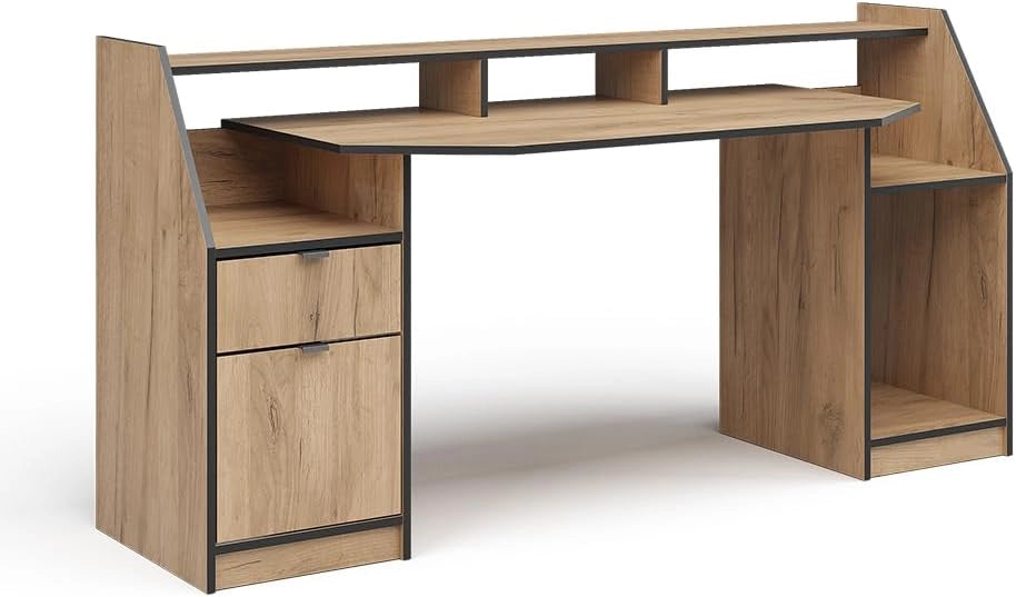 Scrivania computer Joel, Bianco, 179.8 x 65.5 cm, con ripiani per accessori e supporto rialzato per monitor