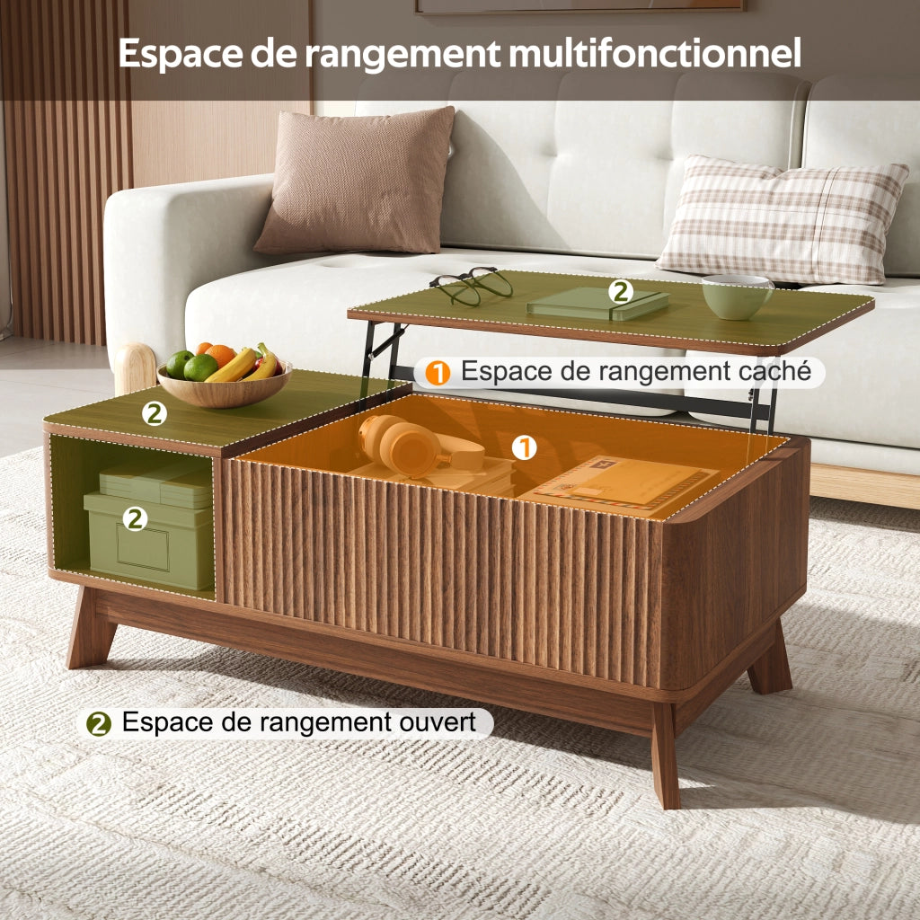 Tavolino da salotto con piano sollevabile e vano contenitore in MDF noce