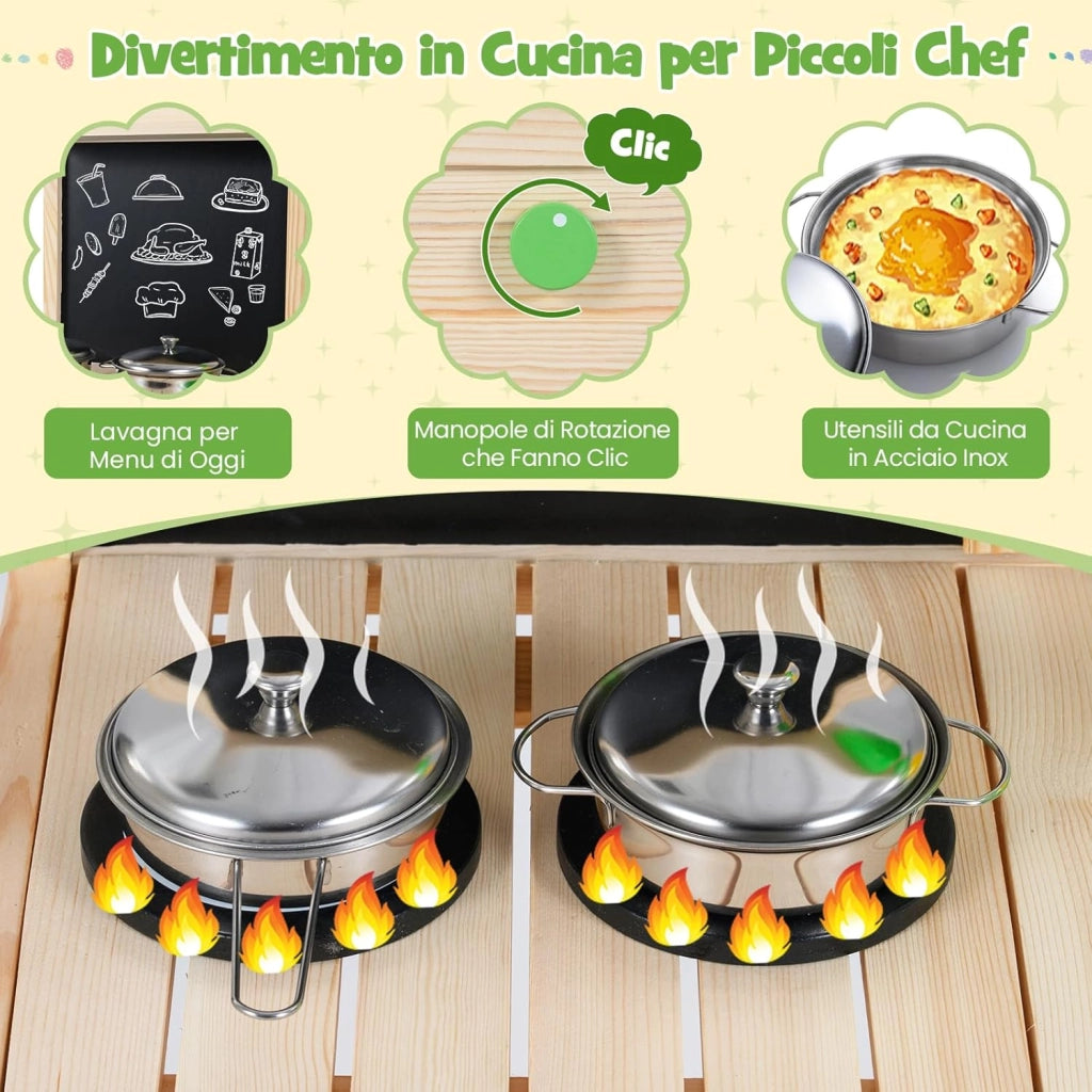 Cucina Giocattolo in Legno Massello, Cucina da Gioco con Rubinetto e Fioriera Removibile, Gioco Imitazione Fango e Giardinaggio all'Aperto, per Bambini 3+ Anni, 73 x 36 x 92 cm