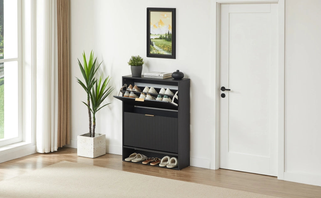 Scarpiera con ante a ribalta, ripiani regolabili e vano aperto per ingresso, in MDF, nero, 80 × 24 × 102 cm