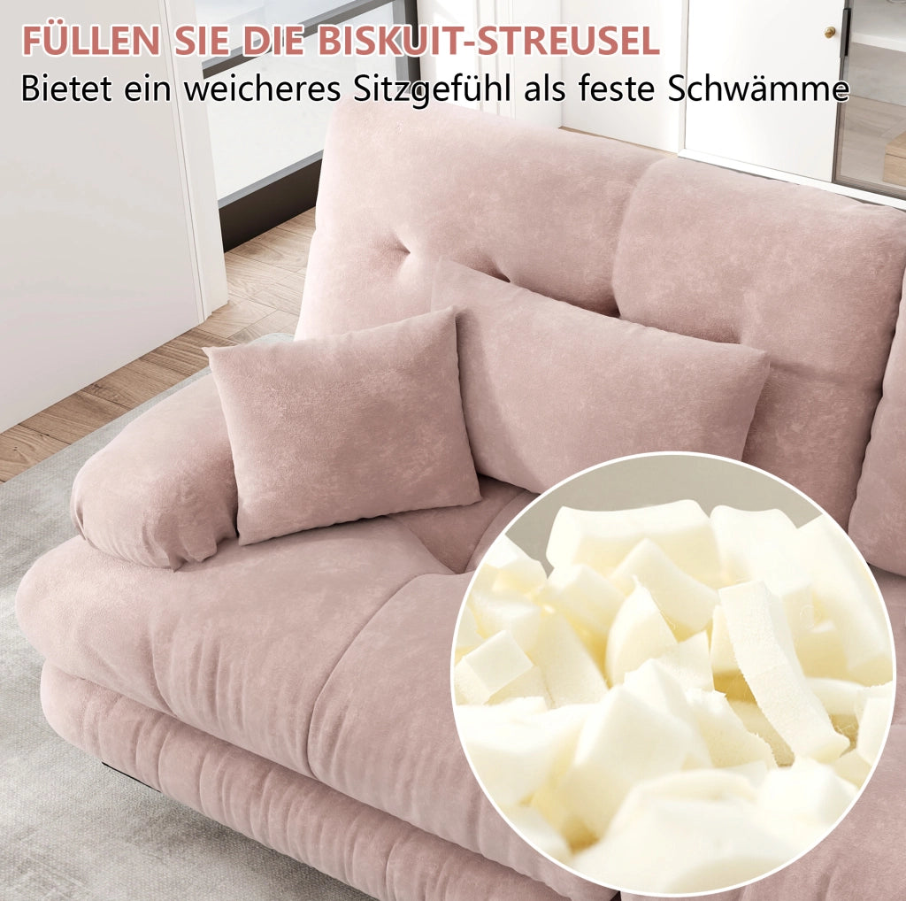 Divano modulare in chenille rosa con 2 pouf; 2 cuscini lombari e 2 cuscini decorativi