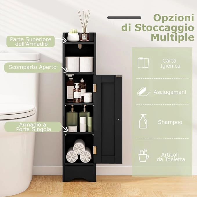 Mobiletto per Bagno Piccolo, Armadietto Salvaspazio da Terra Angolare con Porta e Ripiani Regolabili, Porta Carta Igienica Stretto, Mobiletto per Soggiorno, Cucina e Ingresso (Nero)