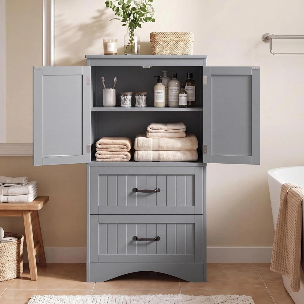 Armadietto da Cucina, Mobile bagno con 2 Cassetti, con Ripiani Regolabili, per Bagno, Soggiorno and Cucina, 60×30×110 cm,Grigio